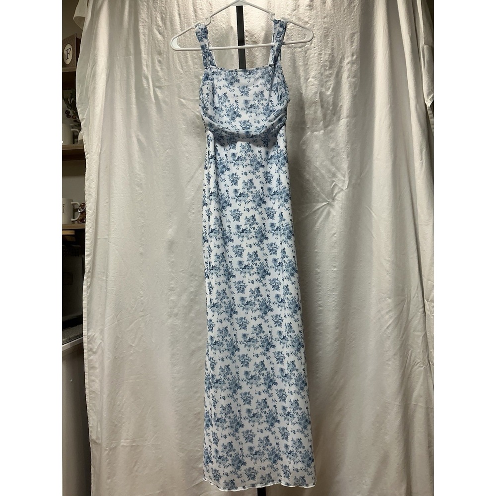 Women's Blue White Floral Maxi Dress Ruched Bust Square Neck Stretch Size M